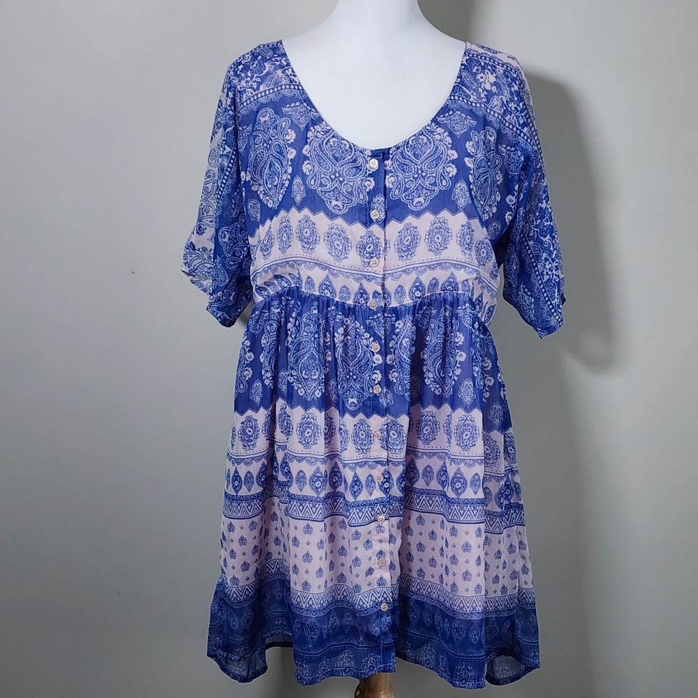 Billabong Paisley Dress Womens Large Blue Short Sleeve Boho Festival Summer